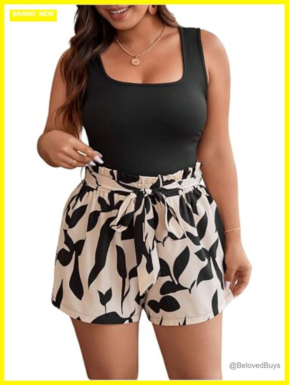 2 Piece Outfit Square Neck Sleeveless Tank Top and Tropical Print Shorts Set